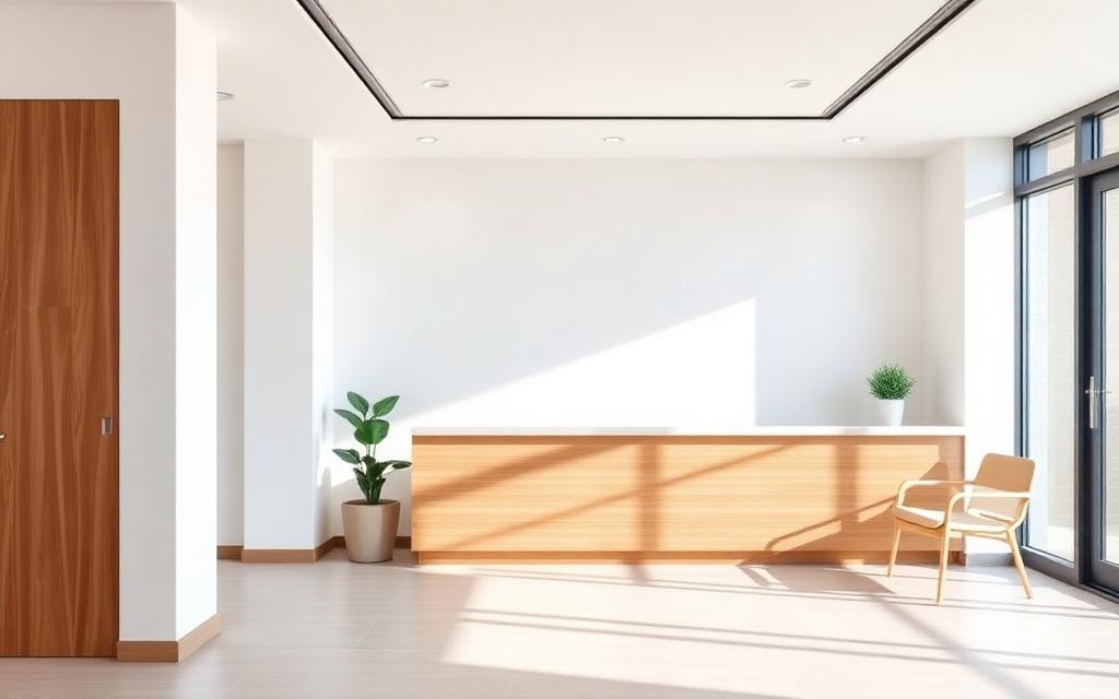 Calm minimal wellness clinic reception with soft daylight and warm wood surfaces