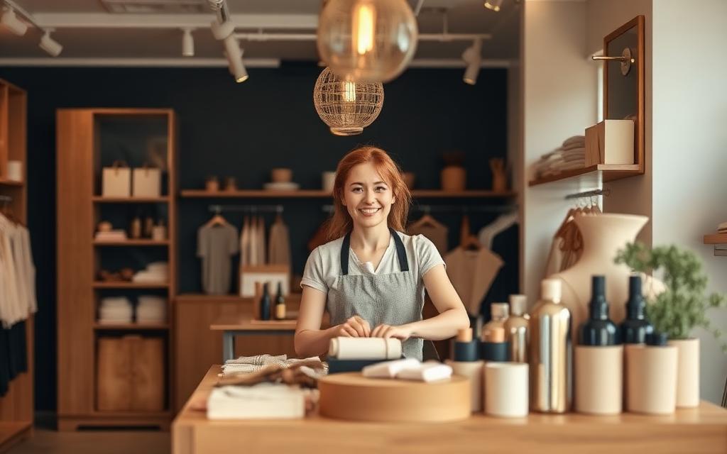 Owner arranging products on a wooden counter inside a small boutique shop