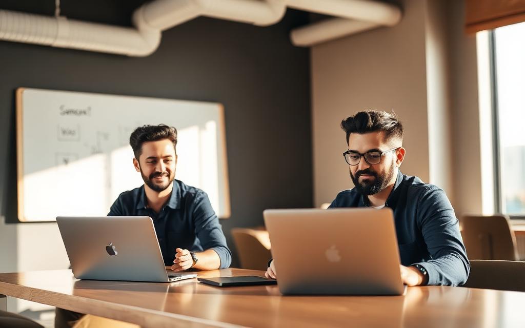 Two founders working on laptops in a modern Dubai co-working space