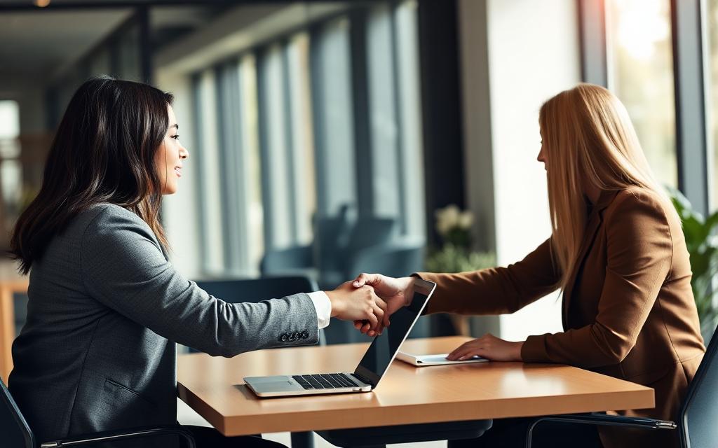Service consultant shaking hands with a client across a desk in a modern office