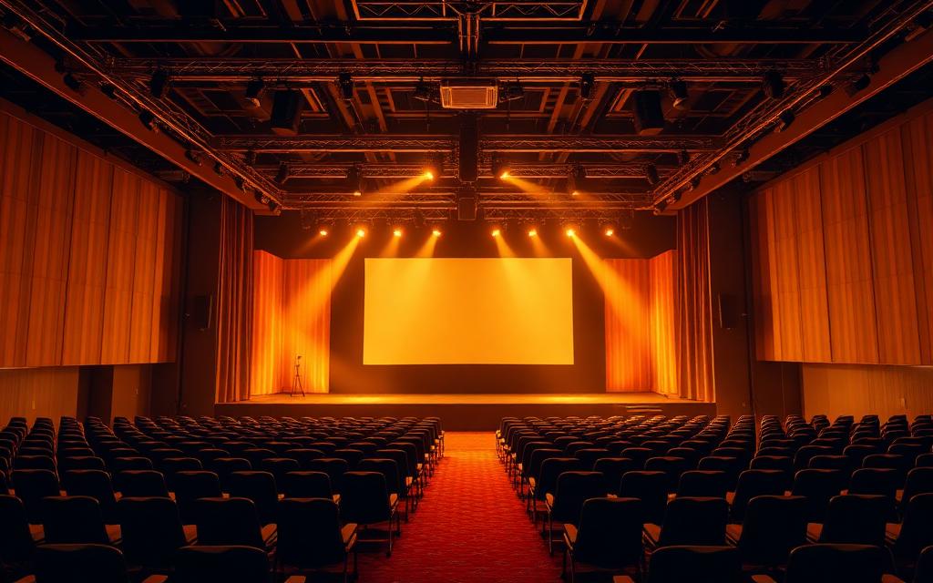 Live event stage with warm dramatic lighting and an empty modern conference hall