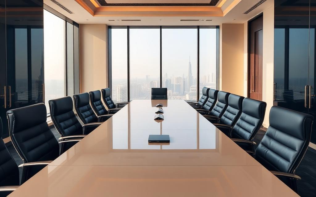 Corporate boardroom in a modern Dubai high-rise with skyline view through tall windows