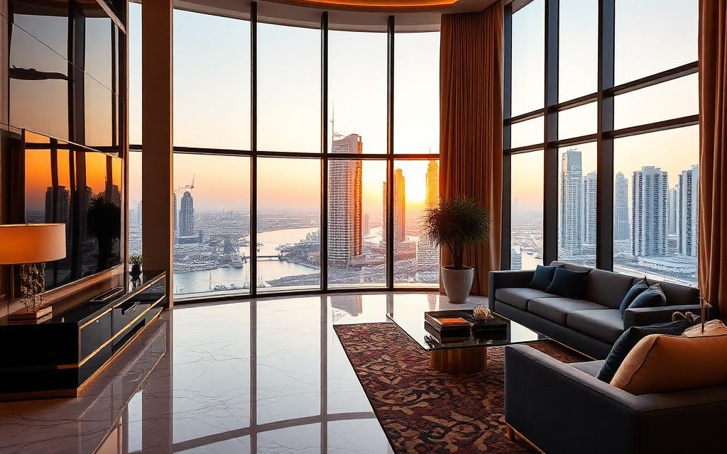 Luxury Dubai apartment interior at golden hour with marina skyline view