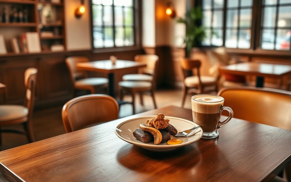 Café table with a beautifully plated dish and a specialty coffee in a warm-lit interior